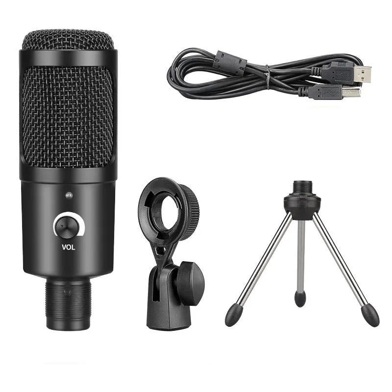 Black Zhongtong AK-6 USB condenser microphone with stand for computer recording and streaming.