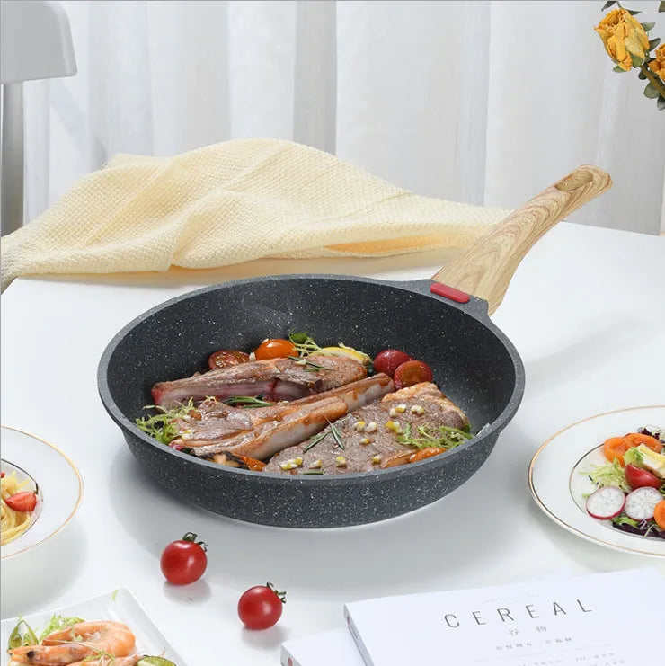 Korean style macadamite non-stick frying pan with temperature indicator in ash or green colour