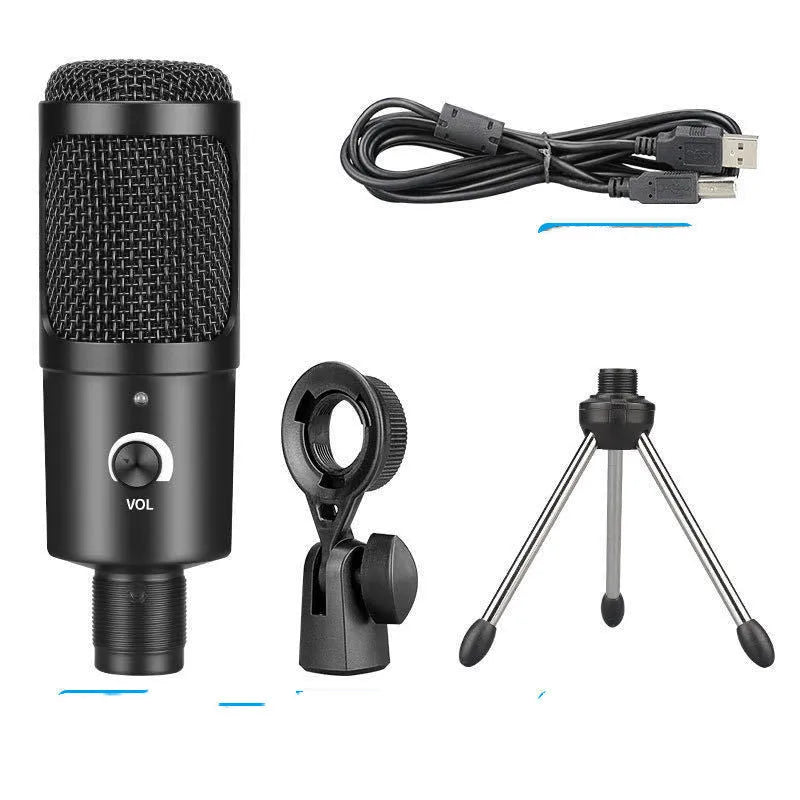 Black desktop condenser microphone with adjustable stand on computer desk