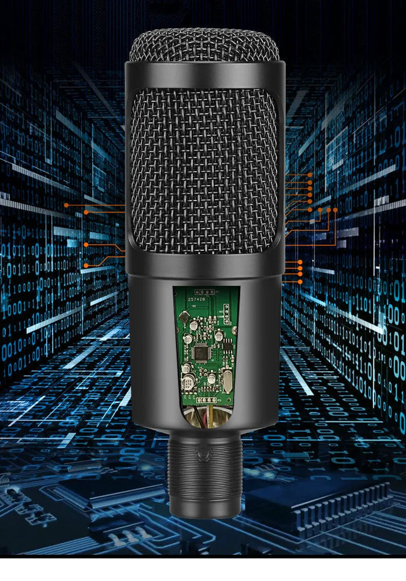 Black desktop condenser microphone with adjustable stand on computer desk