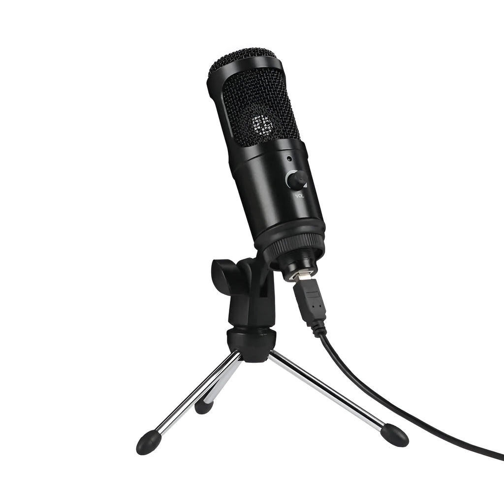 Black desktop condenser microphone with adjustable stand on computer desk