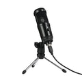 Black desktop condenser microphone with adjustable stand on computer desk
