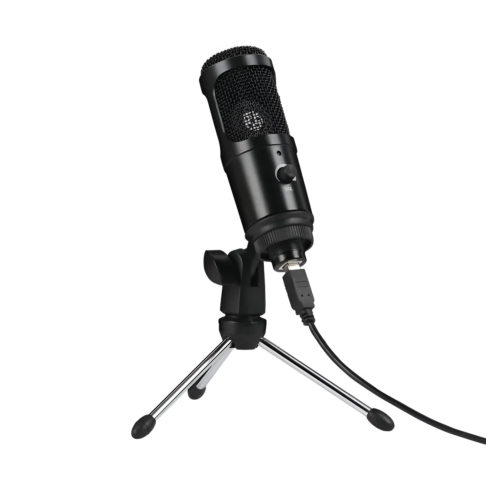 Black desktop condenser microphone with adjustable stand on computer desk
