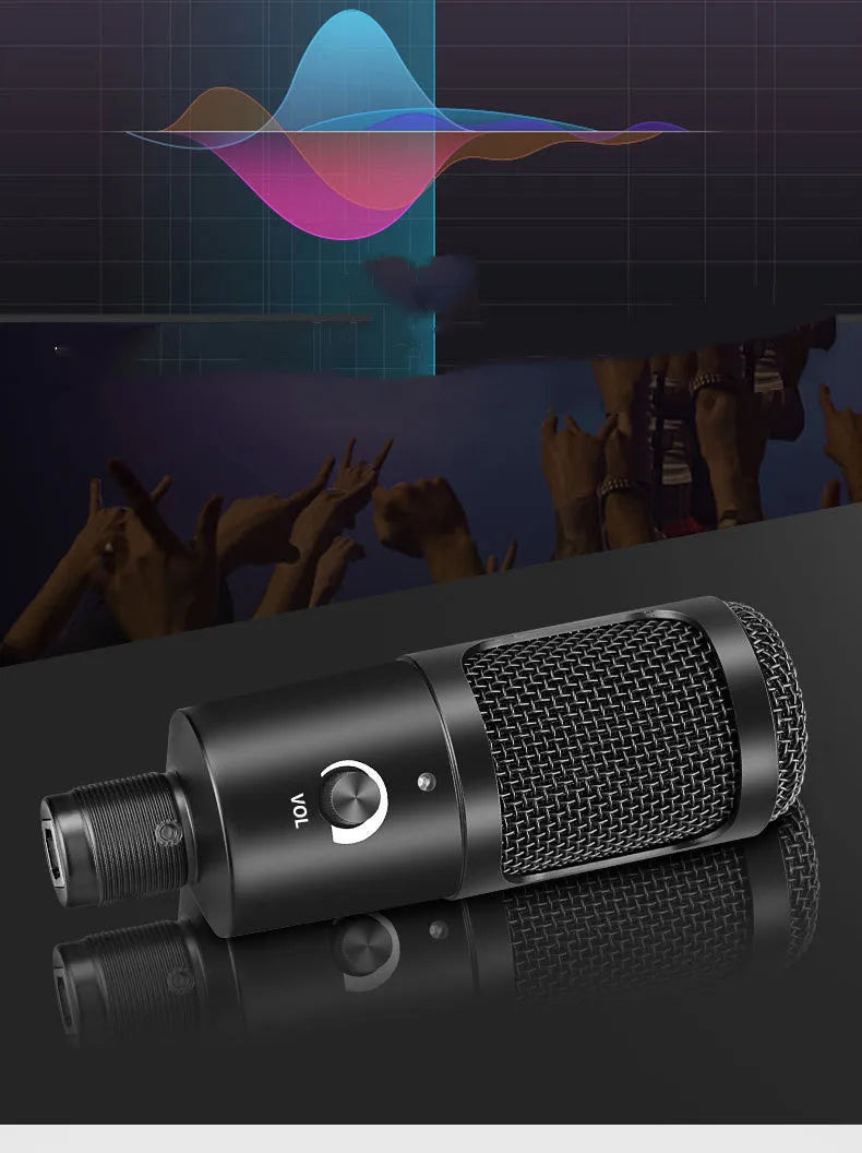 Black desktop condenser microphone with adjustable stand on computer desk