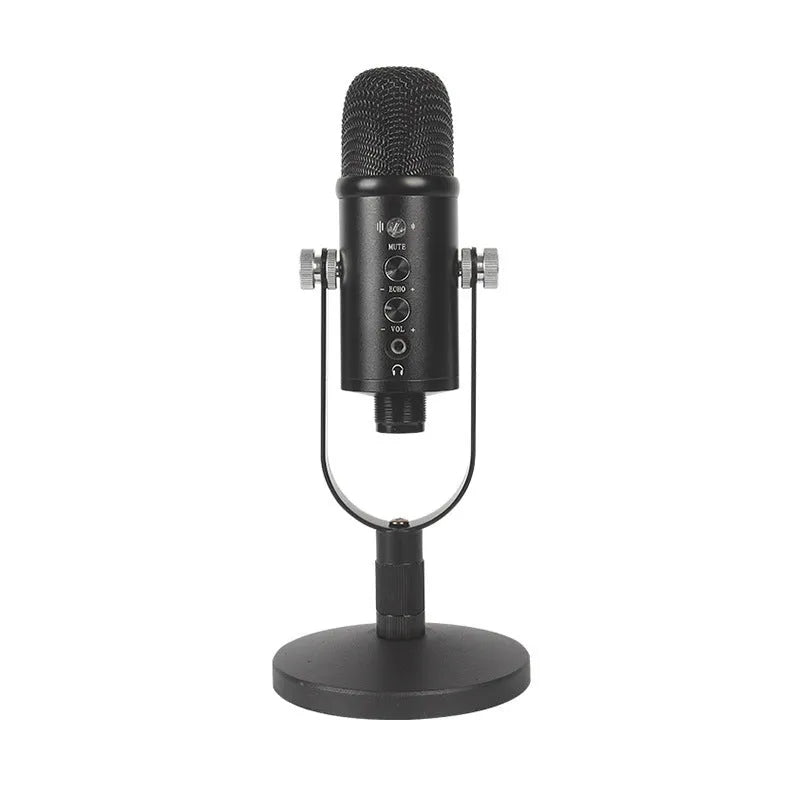 Black JIY BM-86PRO USB condenser microphone on a metal stand with foam windscreen.