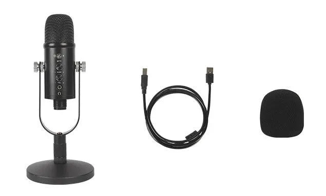 Black JIY BM-86PRO USB condenser microphone on a metal stand with foam windscreen.