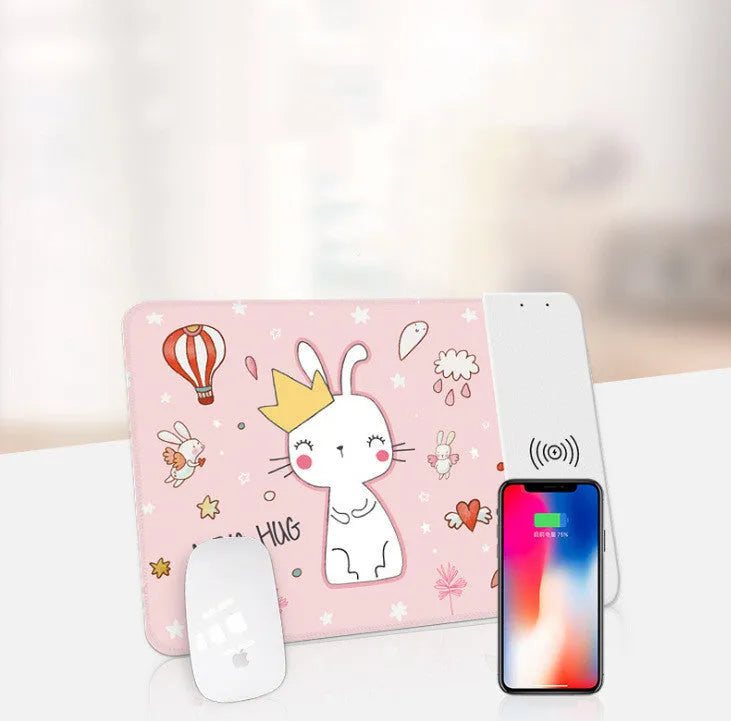 Wireless charging mouse pad with cartoon design and RGB lighting, 298x215mm dimensions