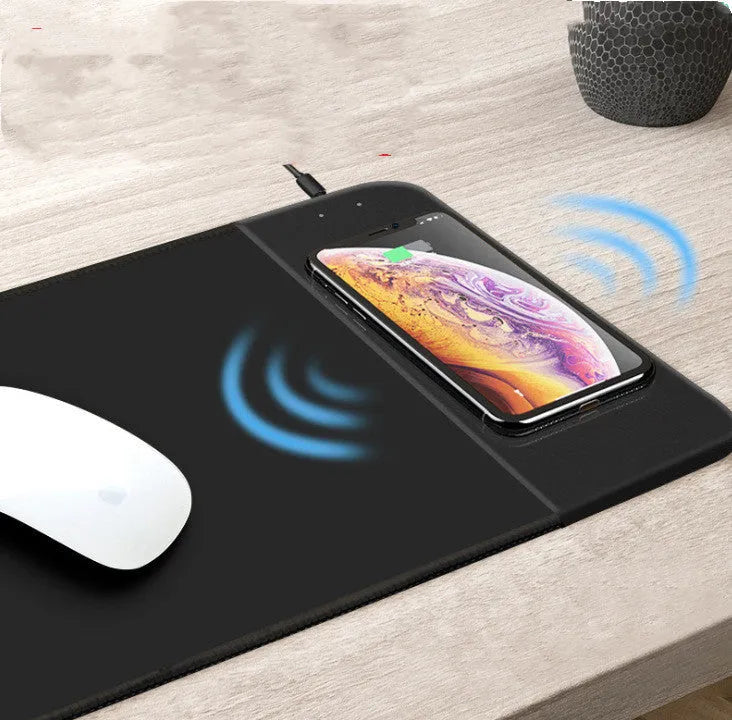 Wireless charging mouse pad with cartoon design and RGB lighting, 298x215mm dimensions