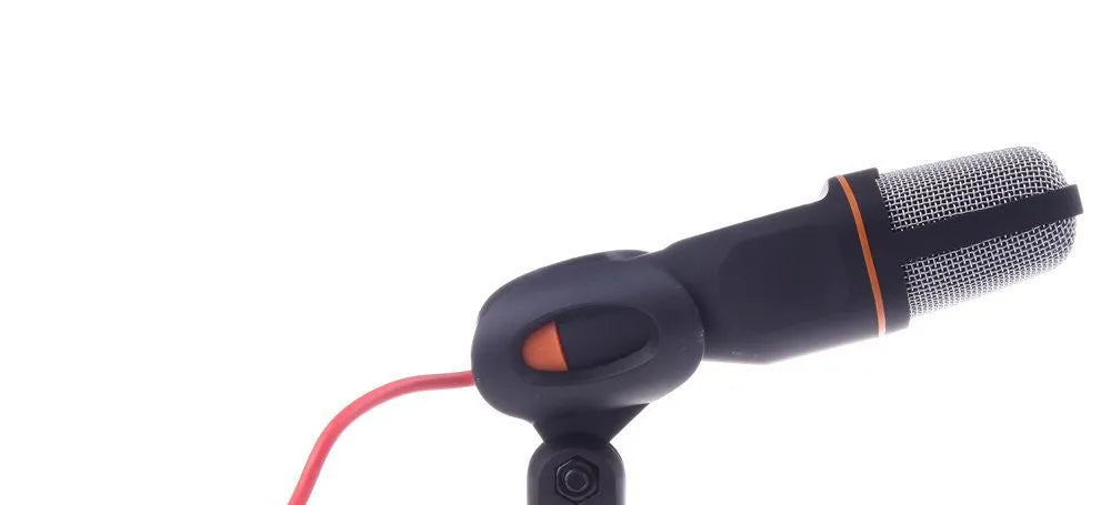 Black wired PC microphone with a clip-on holder, shown with its 1.85m cable.