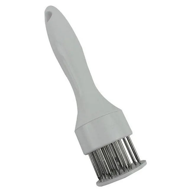 Stainless steel meat tenderiser needle tool with white handle and metal needles