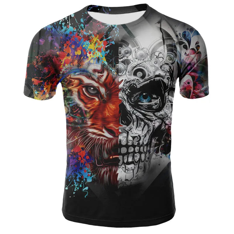 Smoking skull 3D digital print milk silk fabric t-shirt, slim fit round neck short sleeve, youth British style casual top