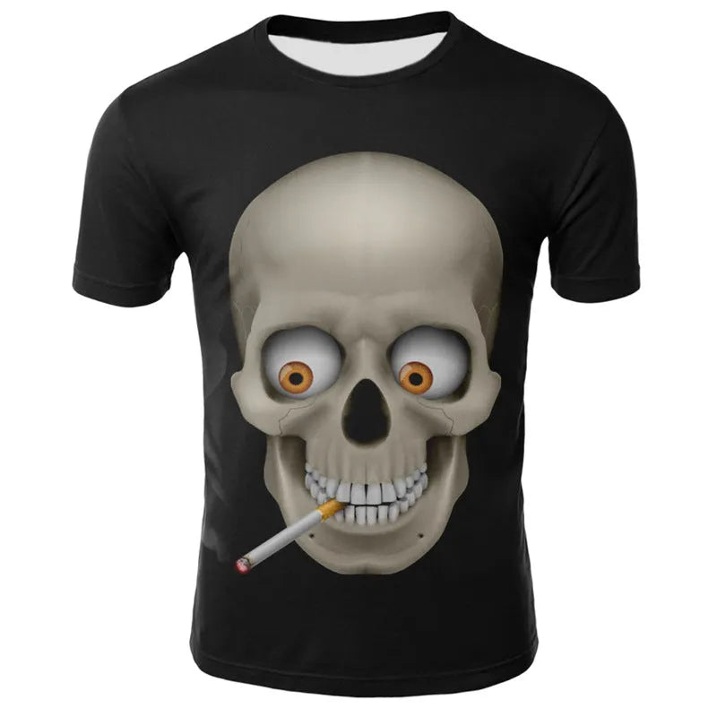 Smoking skull 3D digital print milk silk fabric t-shirt, slim fit round neck short sleeve, youth British style casual top