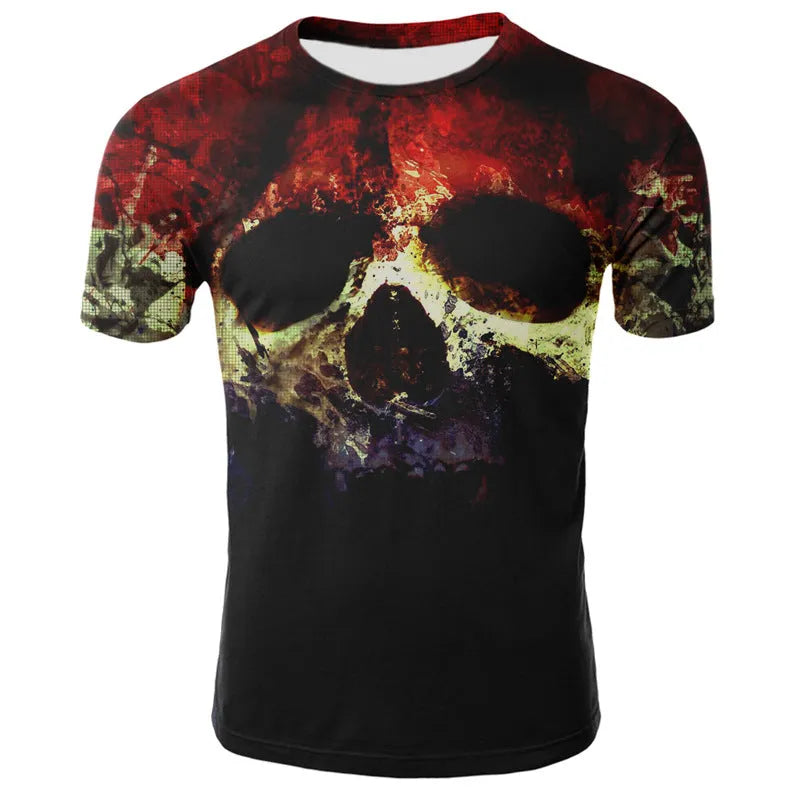 Smoking skull 3D digital print milk silk fabric t-shirt, slim fit round neck short sleeve, youth British style casual top
