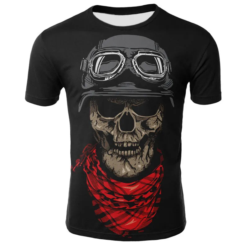 Smoking skull 3D digital print milk silk fabric t-shirt, slim fit round neck short sleeve, youth British style casual top