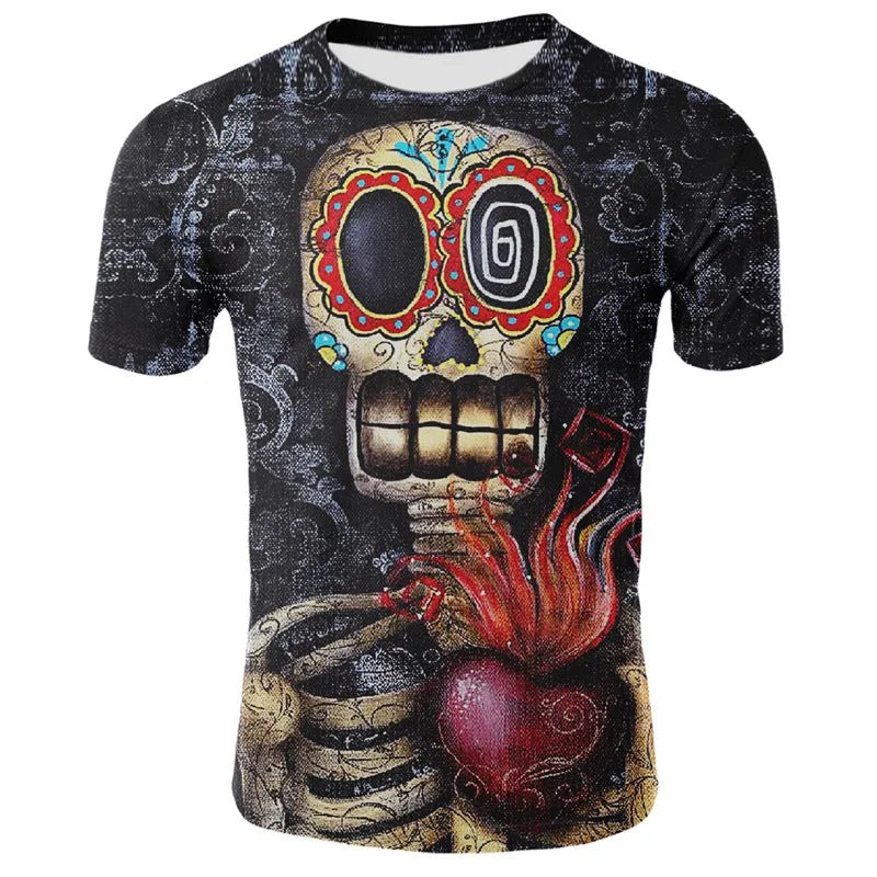Smoking skull 3D digital print milk silk fabric t-shirt, slim fit round neck short sleeve, youth British style casual top