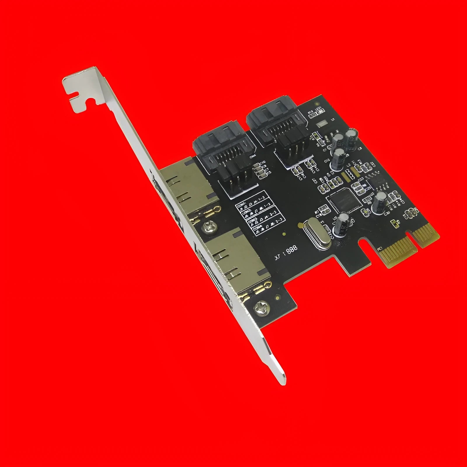 Desktop PCI-E SATA3.0 expansion card with ASM1061 chip showing SATA and eSATA ports