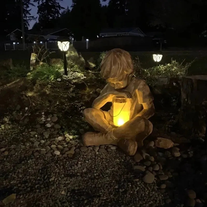 Brown natural resin tabletop garden statue with little boy sculpture decoration
