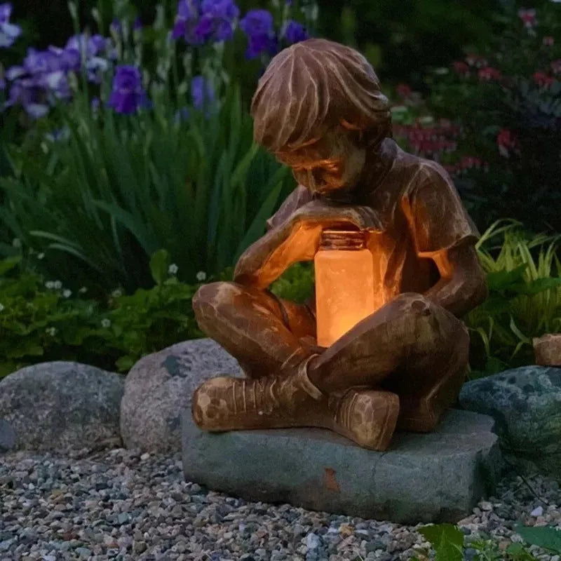 Brown natural resin tabletop garden statue with little boy sculpture decoration