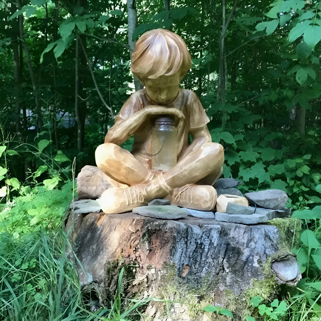 Brown natural resin tabletop garden statue with little boy sculpture decoration