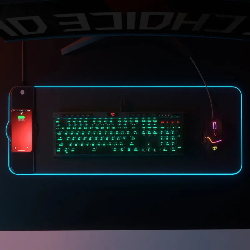 Colourful wireless charging mouse pad with fingerprint touch key, model E-66, on a desk