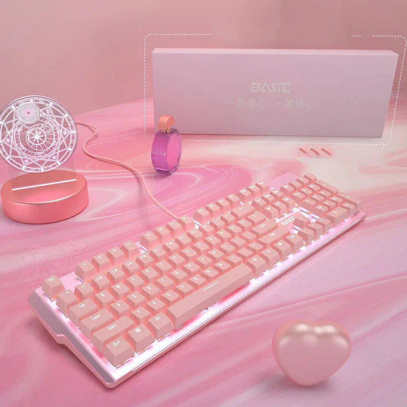 Pink mechanical keyboard and wired mouse set with USB cables for PC gaming