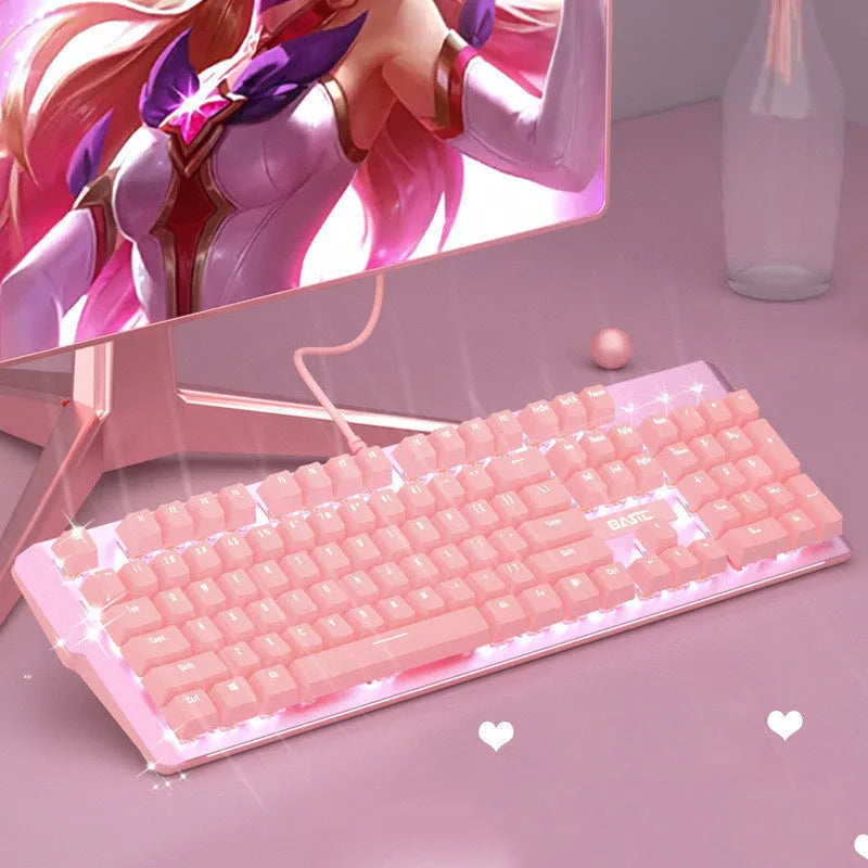 Pink mechanical keyboard and wired mouse set with USB cables for PC gaming