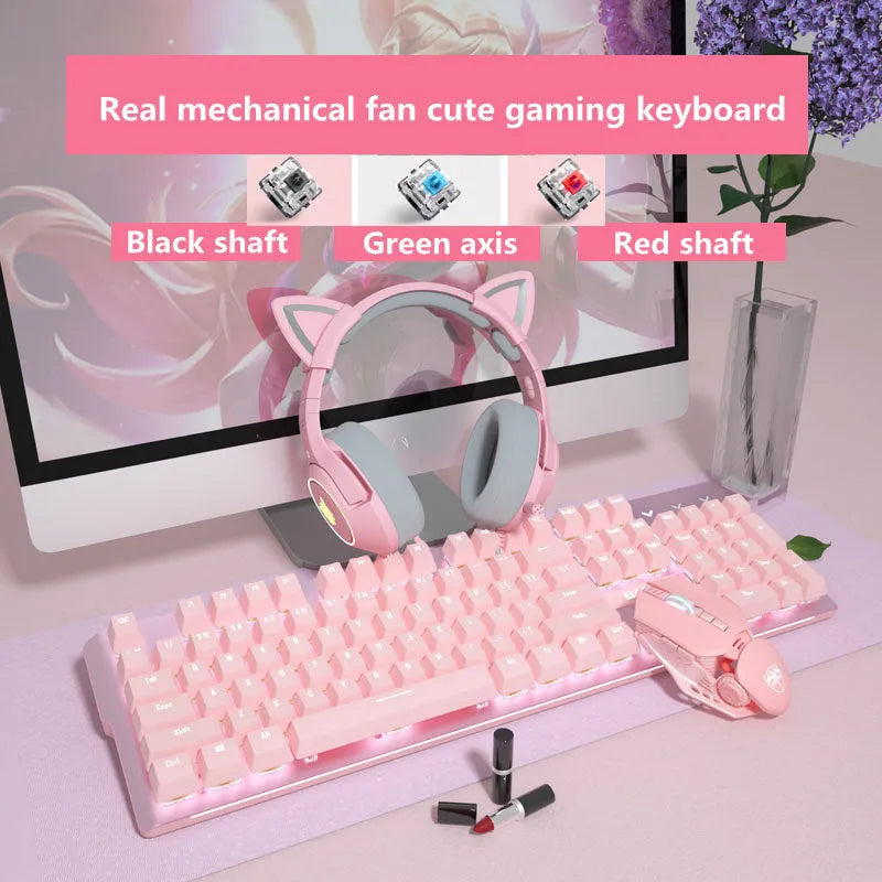 Pink mechanical keyboard and wired mouse set with USB cables for PC gaming