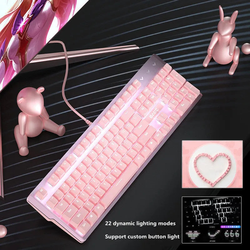 Pink mechanical keyboard and wired mouse set with USB cables for PC gaming
