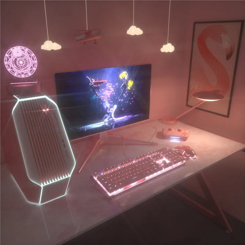 Pink mechanical keyboard and wired mouse set with USB cables for PC gaming