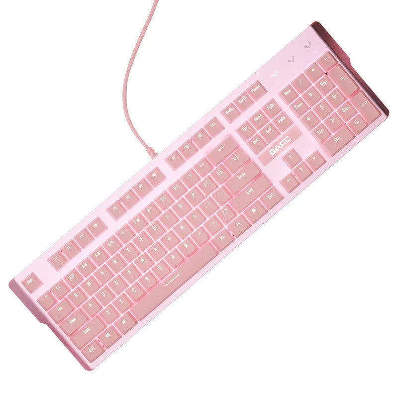 Pink mechanical keyboard and wired mouse set with USB cables for PC gaming