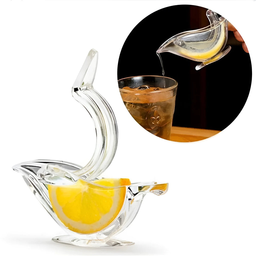Clear acrylic bird-shaped manual lemon juicer on a kitchen counter