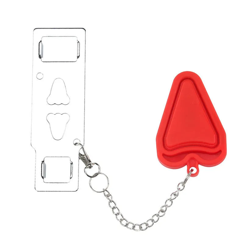 Red portable door safety latch lock with chrome plating installed on interior door jam for anti theft use