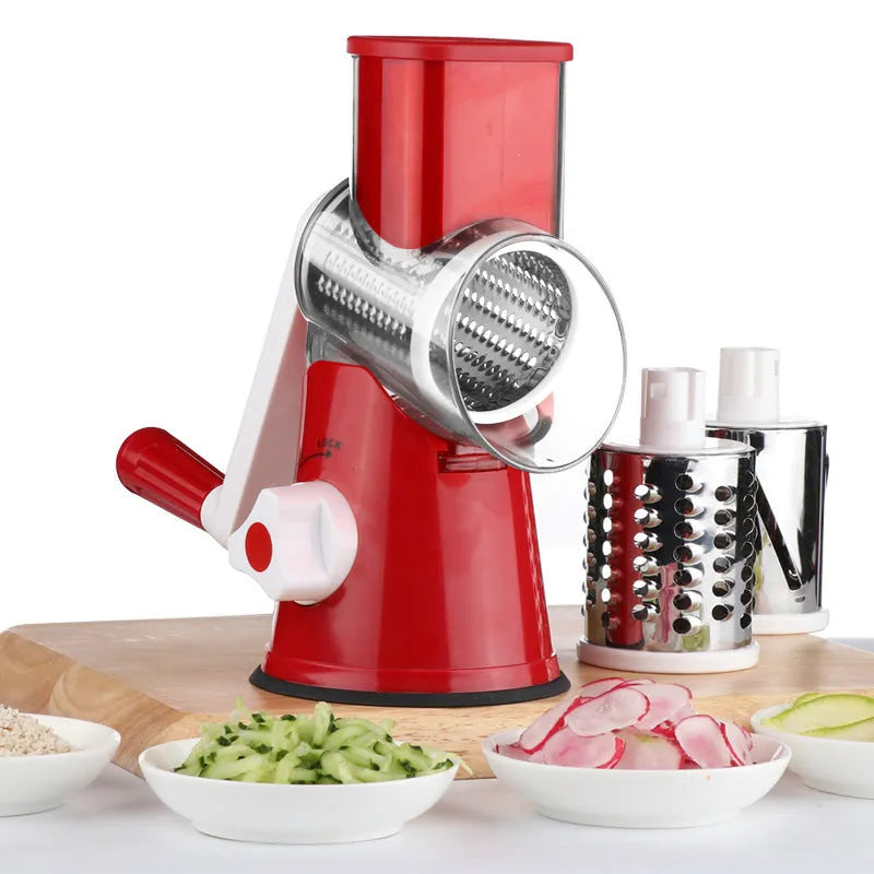 Multifunction food processor and vegetable chopper gadget in kitchen with suction cup base.