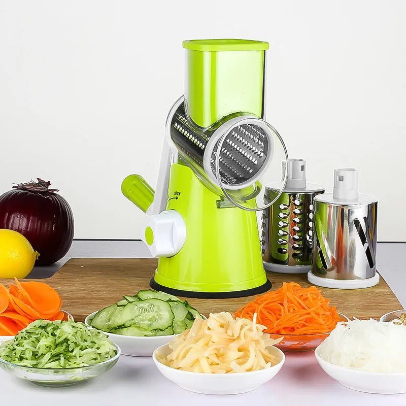 Multifunction food processor and vegetable chopper gadget in kitchen with suction cup base.