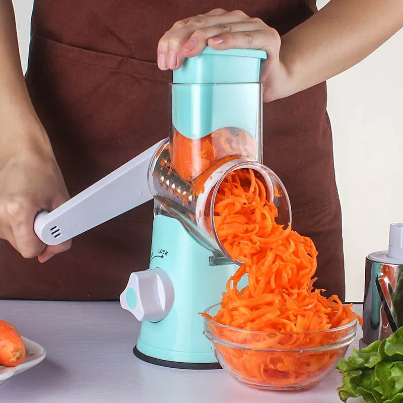 Multifunction food processor and vegetable chopper gadget in kitchen with suction cup base.