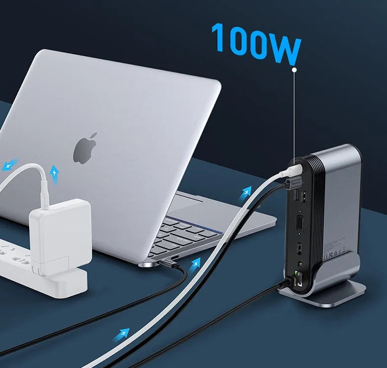 Deep space grey 16-in-1 Type-C docking station hub with multiple ports and external power supply on a desk.