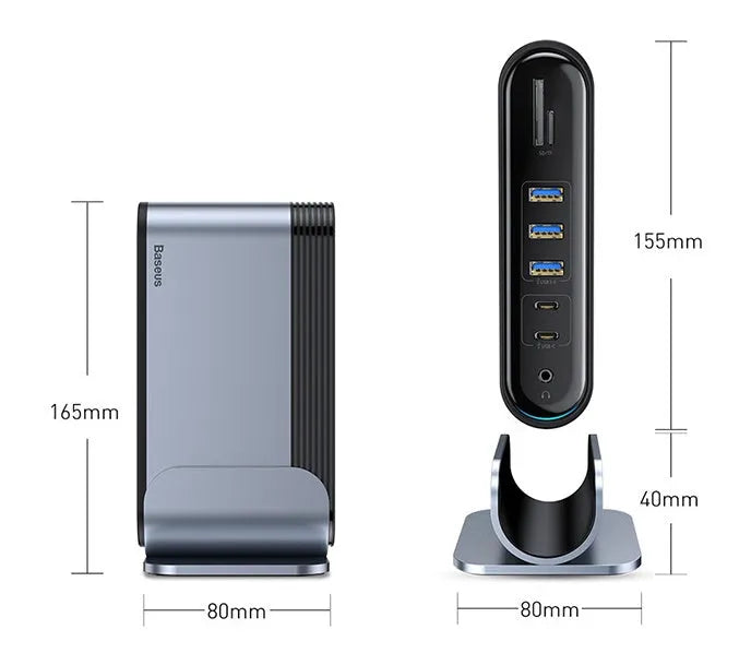 Deep space grey 16-in-1 Type-C docking station hub with multiple ports and external power supply on a desk.