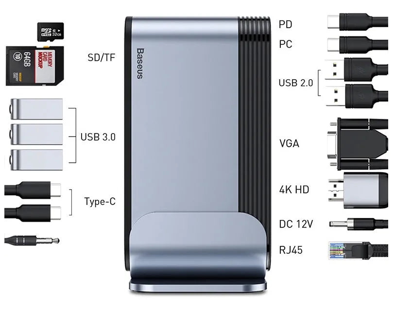 Deep space grey 16-in-1 Type-C docking station hub with multiple ports and external power supply on a desk.