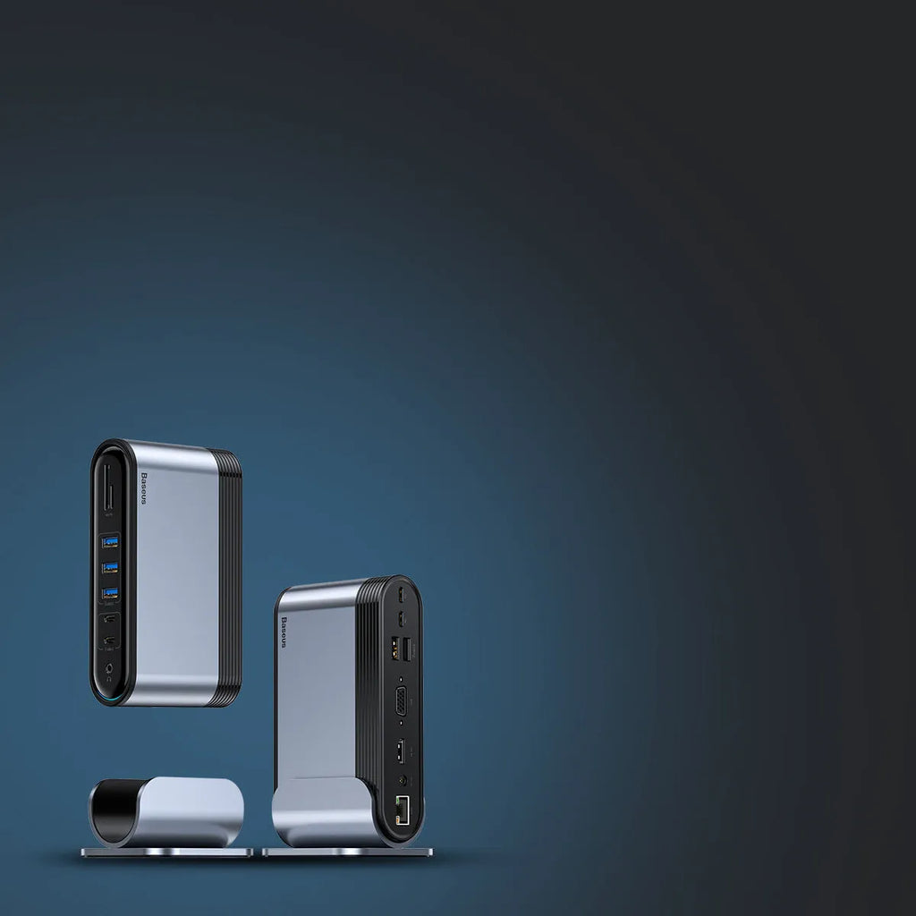 Deep space grey 16-in-1 Type-C docking station hub with multiple ports and external power supply on a desk.