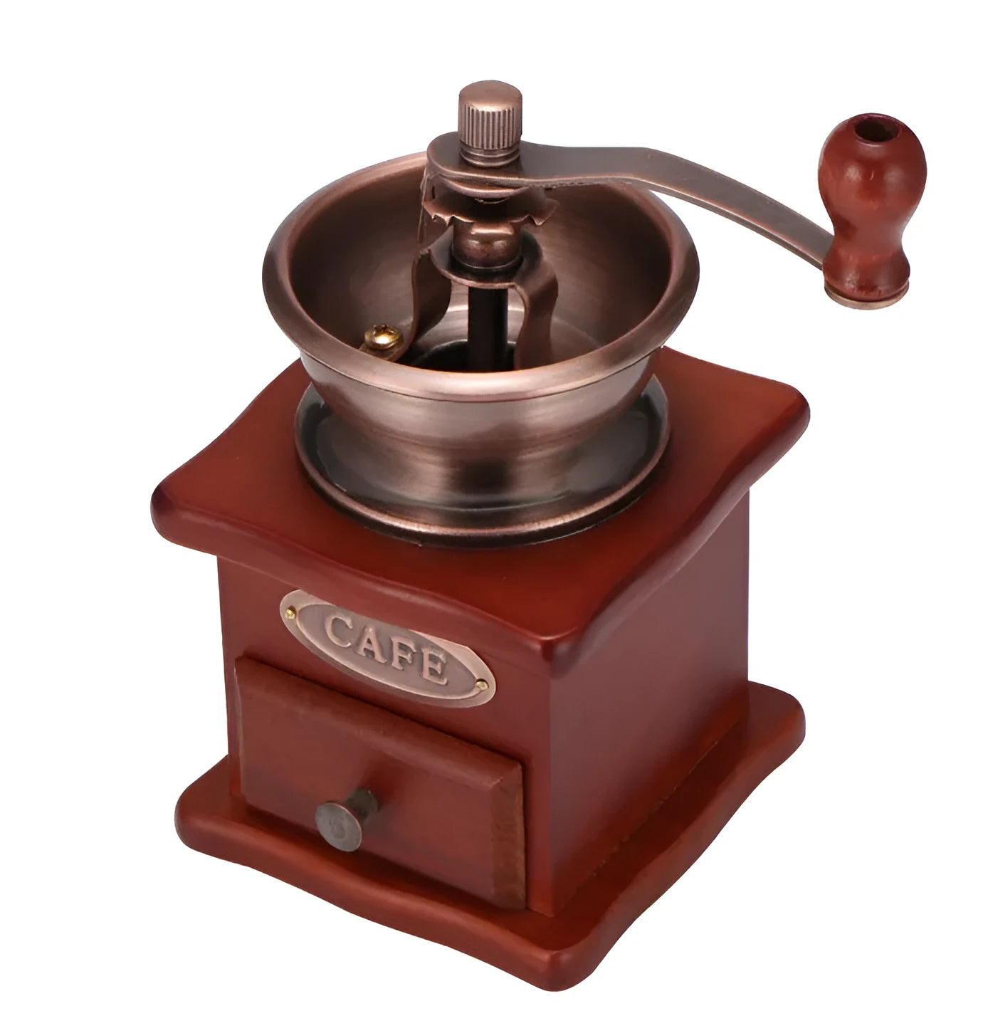 Manual hand coffee grinder in red with ceramic burrs compact 10x10x17cm size