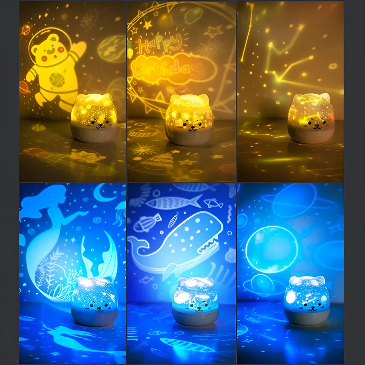 Rotatable star projector night light with astronaut bear slide projection and USB charging cable