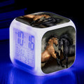 Creative small alarm clock with colour-changing LED display, thermometer, and week display, 8x8cm plastic shell