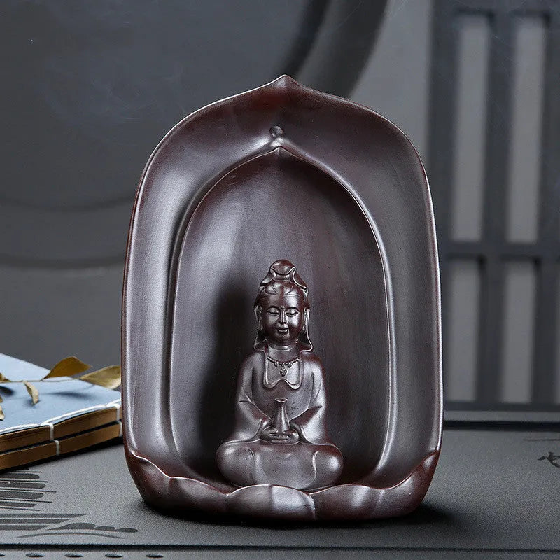 Ceramic Guanyin sitting lotus back flow incense burner for Buddhist home altars
