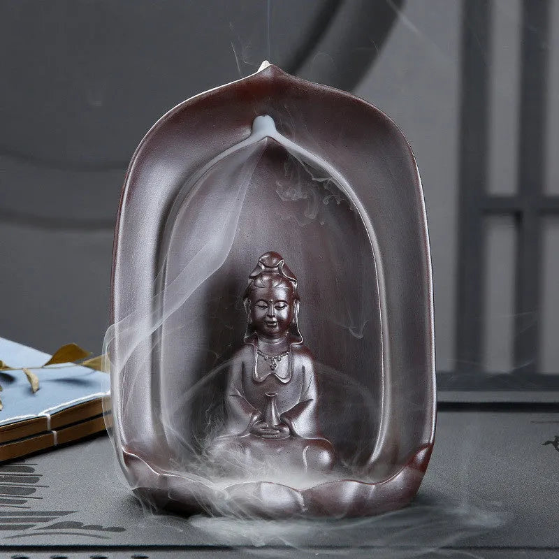 Ceramic Guanyin sitting lotus back flow incense burner for Buddhist home altars