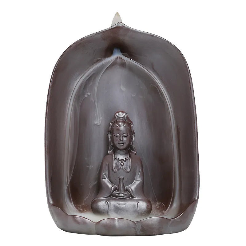 Ceramic Guanyin sitting lotus back flow incense burner for Buddhist home altars