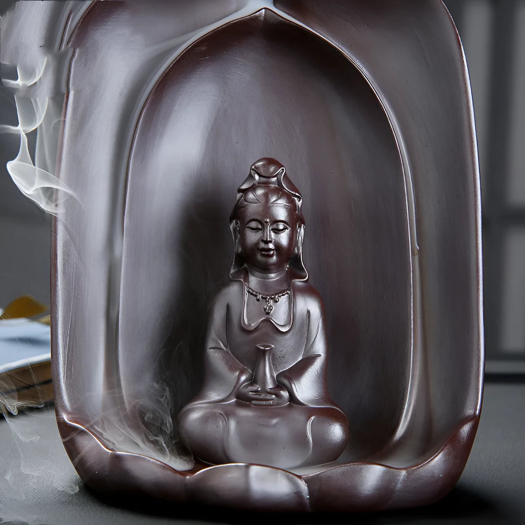 Ceramic Guanyin sitting lotus back flow incense burner for Buddhist home altars