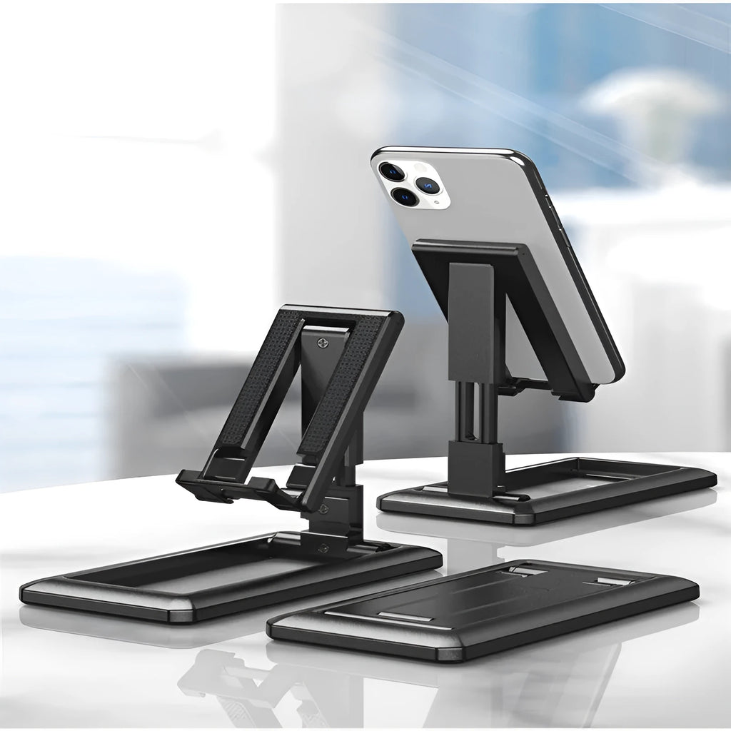 Retractable lazy bracket mobile phone stand in collapsed and extended positions