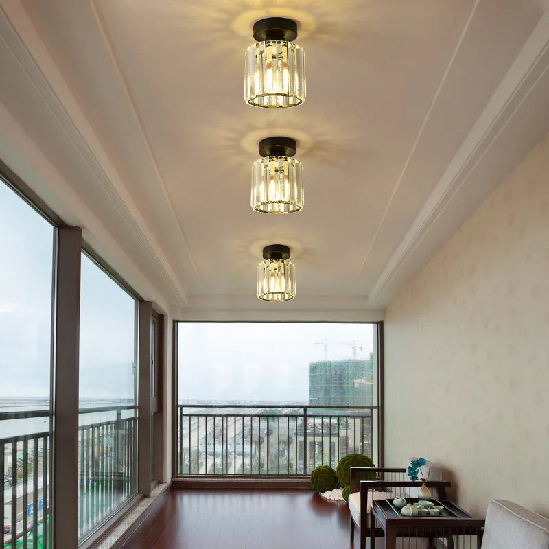 Crystal chandelier ceiling aisle light with red crystal shade, LED warm light, round shape, black finish, for home entrance corridor