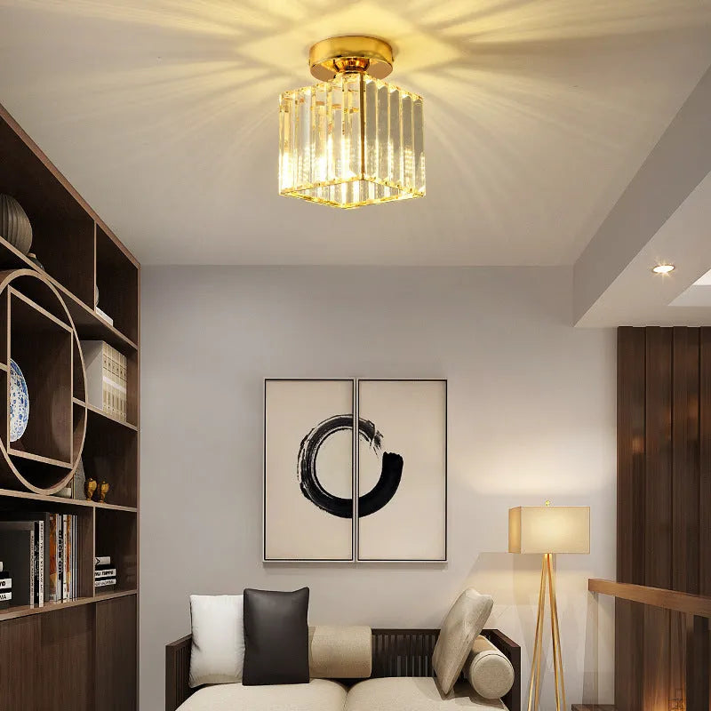 Crystal chandelier ceiling aisle light with red crystal shade, LED warm light, round shape, black finish, for home entrance corridor