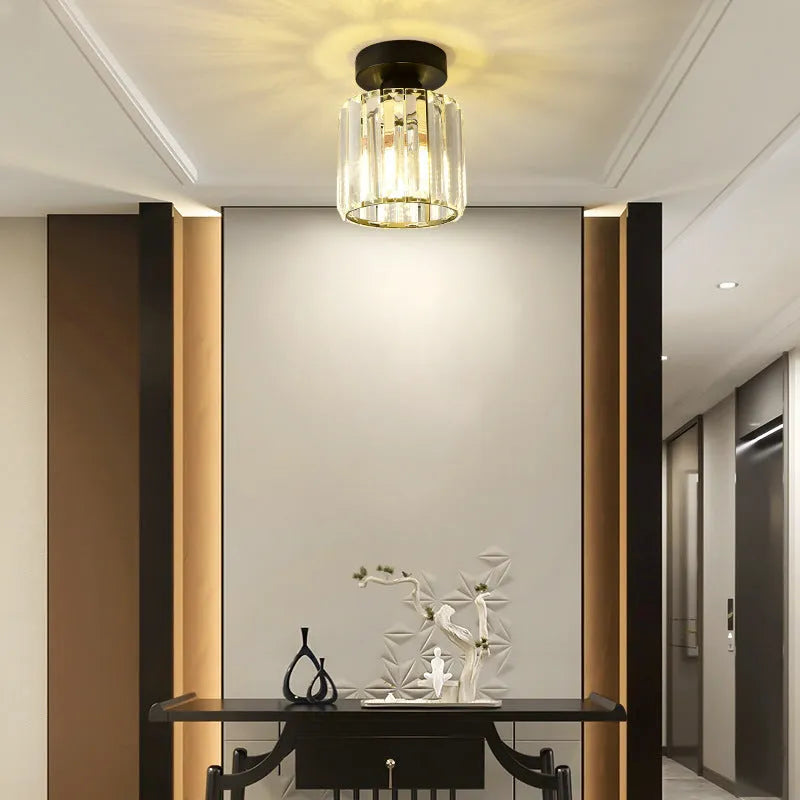 Crystal chandelier ceiling aisle light with red crystal shade, LED warm light, round shape, black finish, for home entrance corridor